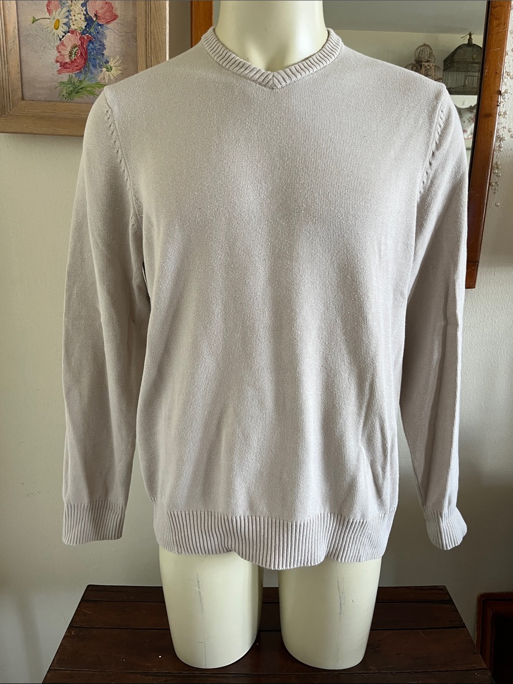 Cherokee Men's V-Neck Sweater Light Tan Size L 100% Cotton